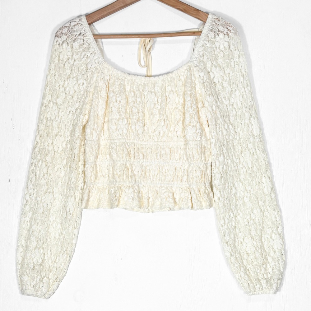 Cream Lace Long-Sleeve Peasant Crop Top